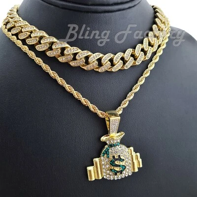 Хип-хоп золото $ деньги сумка подвеска с 24» веревки цепочка и 18» ледяной кубинский ожерелье комплект - Изображение 1 из 2