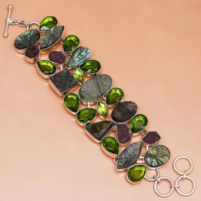 Labrodorite Drusy Peridot Gemstone Jewelry Bracelet 7-8'' - Image 1 of 4