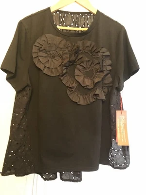 Top de tela mixta con volantes art To Wear talla M-L camisa de algodón negra Japón Lagenlook Foto 1 de 4