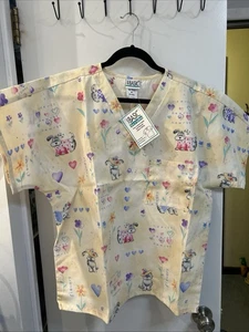 New Simply Basic Scrub V-Neck,  Chest Pocket, Size M  Dogs, Hearts, & Flowers ￼ - Picture 1 of 5