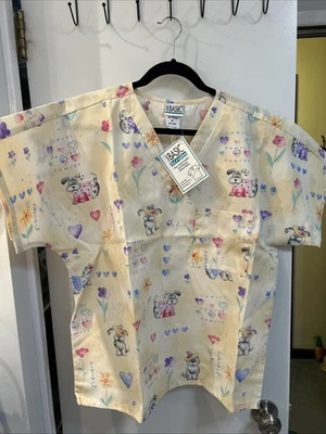 New Simply Basic Scrub V-Neck,  Chest Pocket, Size M  Dogs, Hearts, & Flowers ￼ - Image 1 of 4