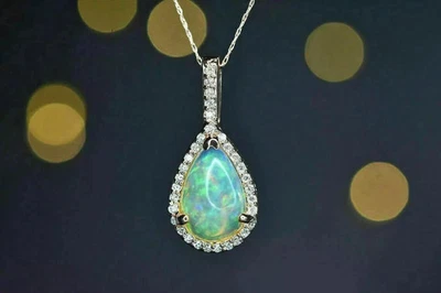 3CT Pear Cut Lab Created Fire Opal Women's Chain Pendant 14K White Gold Finish - Image 1 of 3