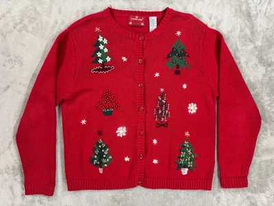 Ugly Christmas Cardigan Sweater Womens L Red Christmas Tree Holiday Ramie Granny - Image 1 of 4