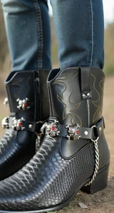 Men Boot Straps Silver Chain Pair Black Faux Leather Bands Pirate Skull Charms - Picture 1 of 22