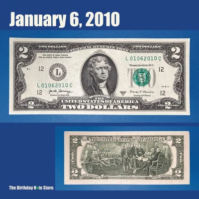 January 6, 2010 Birthday Anniversary $2 Two Dollar Bill Serial Number 01062010 - Image 1 of 2
