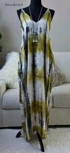 New Womens LIME CHARCOAL WHITE TIE DYE BOHO MAXI SLEEVELESS DRESS POCKETS S M - Picture 1 of 6