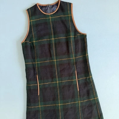 Polo Ralph Lauren Plaid Wool Navy Blue Leather Trim Shift Dress Size 2 - Image 1 of 4