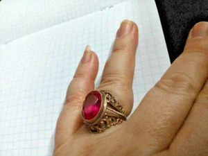 Vintage Ring Silver 925 Openwork Gilding Stamp Jewelry Ussr Raspberry Corundum - Picture 1 of 7