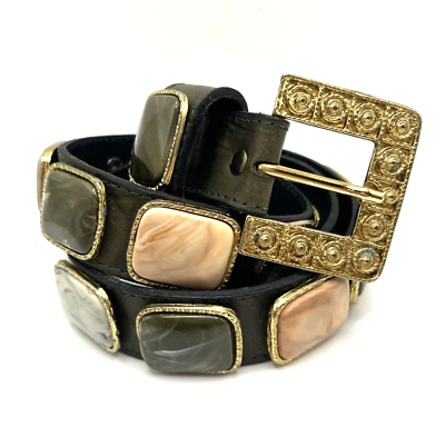 Cinturón de cadera ajustable vintage de cuero con piedras neutras de cuero de riel pequeño 26-30" Foto 1 de 4