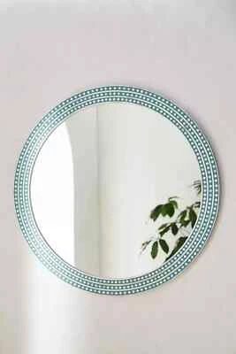 Green Round Wall Mirror – Handcrafted Bone Inlay Diamond Design Mirror Frame - Image 1 of 3