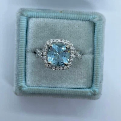 Anillo de boda Art Deco de plata 925 chapado en oro blanco de 14K aguamarina corte cojín Foto 1 de 4