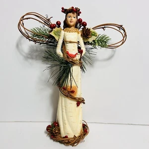 Woodland Theme CHRISTMAS Angel w/ Grapevine Wings red berries & Bird  Used 11" - Picture 1 of 5