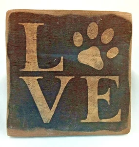 Love Pawprint Wood Sign Dark Blue Distressed Stenciled Letters Hangs USA 9in - Picture 1 of 2