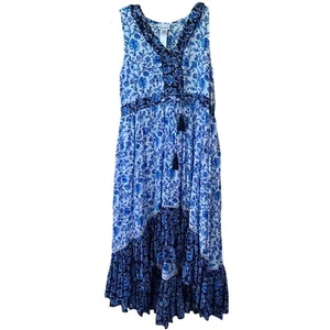 Neu mit Etikett $ 145 Tommy Bahama blau Holzschnitt Blumen Rüschen ärmelloses Kleid Boho S - Bild 1 von 8