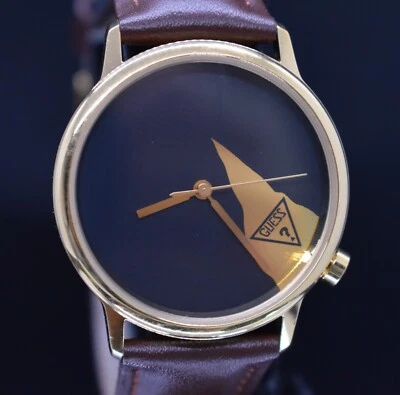 Vtg 1991 GUESS Watch Women Black Gold Tone Dial ? Leather NEW BATTERY & BAND - Image 1 of 4