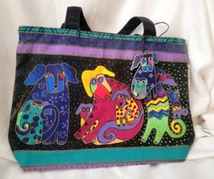 Laurel Burch Dog & Pup Tote Lunch Bag 12" x 9" Doggies Purse Zip Cotton Canvas - Picture 1 of 12