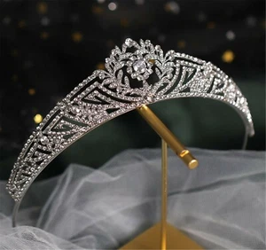 Women Silver White Crystal Wedding Bride Prom Formal Hair Headband Crown Tiara - Picture 1 of 12