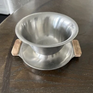 18-8 Japan Stainless Steel Server Sauce Bowl -Built in Drip Plate & Wood Handles - Picture 1 of 7