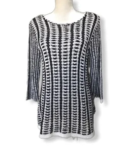 Dana Buchman Crochet Tunic Top Sweater Black White Size Large Open Knit Woven - Picture 1 of 7