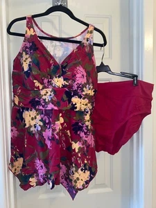 DENIM & CO Beach Handerkerchief Hem Tankini w/ Brief MAGENTA sz 18W - Picture 1 of 5