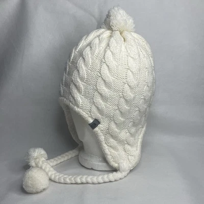 The North Face Fleece Lined Cable Knit Beanie Earflaps Pom Tassel White One Size - Image 1 of 4