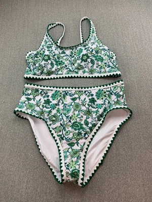 Floral Whipstitch Bikini 2 pc Swimsuit Womens Sz 2XL White Green Cute Boho - Image 1 of 4