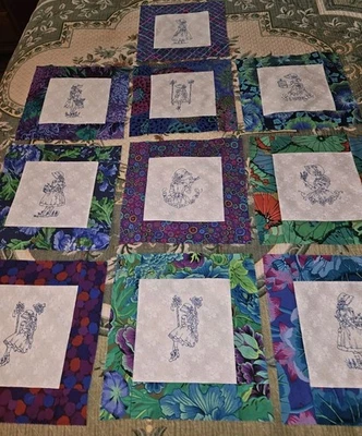 Lot Of 10 Unique OOAK Kaffe Fassett Border Embroidered Quilt Blocks 12.5" Each - Image 1 of 4