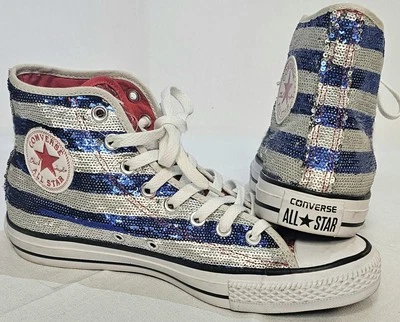 Camisetas altas Converse All Stars lentejuelas rojas, blancas y azules bandera americana para mujer 9,5  Foto 1 de 4