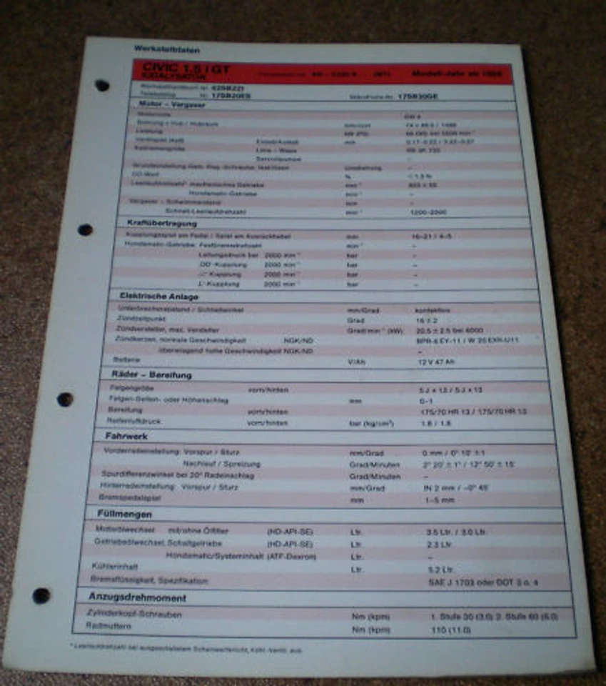 Hoja De Inspección Honda Civic 1.5i GT (CAT) - Desde 1986! - Imagen 1 de 1