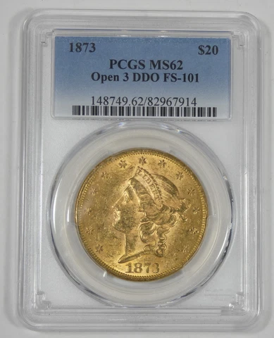 1873 Open 3 GOLD Liberty Head $20 Double Eagle CERTIFIED PCGS MS 62 DDO FS-101 Cover