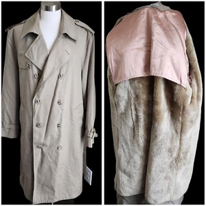 Oleg Cassini Trench Coat Men's 42 Beige Fleece Double Breasted Long Winter Wear - Picture 1 of 18