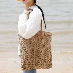 Women Straw Handbag Beach Bag Crochet Totes Hollow Woven Shoulder Bag Mori - Picture 1 of 13