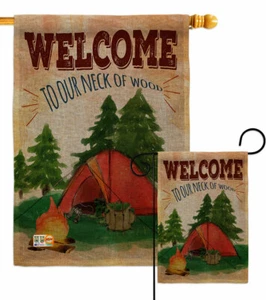 Bienvenido a nuestro Cuello de Madera Camping Arpillera Jardín Bandera Exterior Bandera Decorativa - Imagen 1 de 19