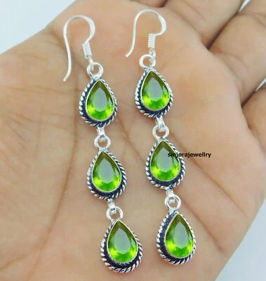 Peridot Gemstone 925 sterling silver handmade Dangle/Drop Earrings 2.75" - Image 1 of 4