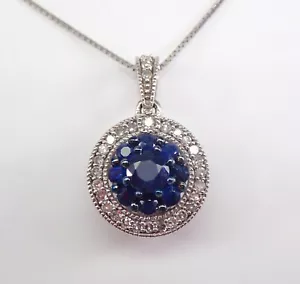 White Gold Diamond and Sapphire Cluster Halo Pendant Necklace 18" Chain - Picture 1 of 5