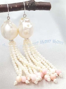 Huge 15x20mm White Baroque Pearl 4-5mm Pearl Tassel Dangle Silver Hook Earrings - Picture 1 of 6