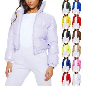 Women's Cropped Puffer Jacket Long Sleeve Stand Collar Zip Up Quilted Puffy Coat - Picture 1 of 60