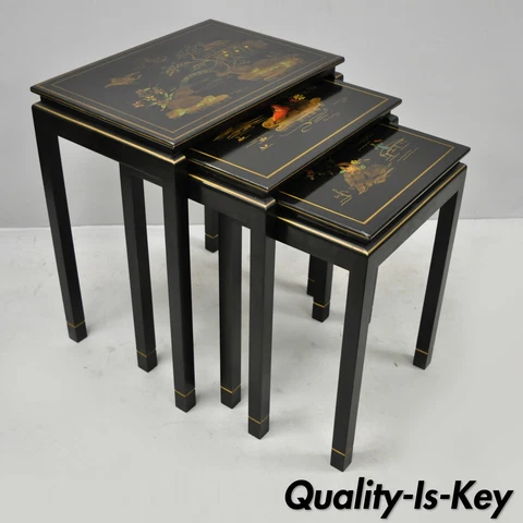 3 Vtg Oriental Handpainted Black Lacquer Nesting Side Tables by Katherine Henick Cover