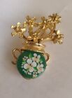 Vintage Jewelry Pin Oriental  Floral Bouquet Green Ceramic Disc Accent Vase Urn