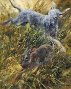 Stampa fine art Mick Cawston 'Rabbiting' Bedlington Terrier - Foto 1 di 2