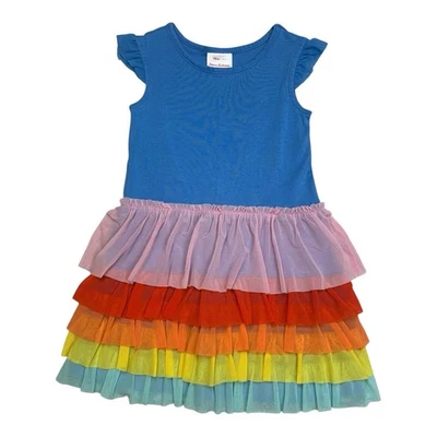 Hanna Andersson Girls Rainbow Tulle Ruffle Dress Size 5 Blue Flutter Sleeve - Image 1 of 4