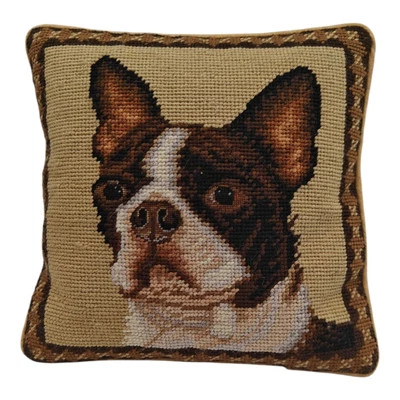Needlepoint Pillow Boston Terrier Puppy Wool Tapestry Decor French Bulldog - Image 1 of 4