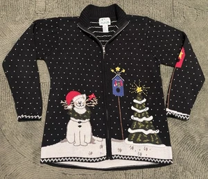 Vtg The Quaker Factory Christmas Cardigan Grandma Snowman Cat Embroidered Sz M - Picture 1 of 14