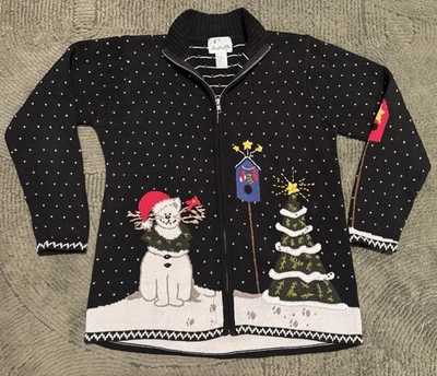 Vtg The Quaker Factory Christmas Cardigan Grandma Snowman Cat Embroidered Sz M - Image 1 of 4