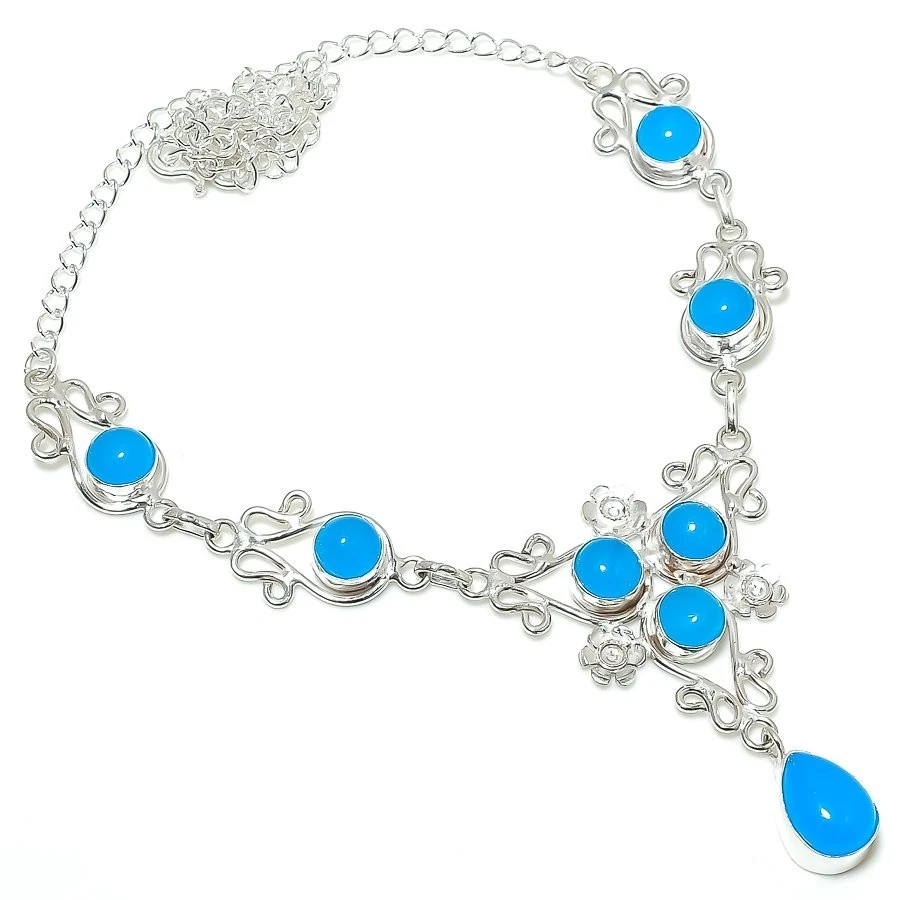 Blue Chalcedony Gemstone Handmade 925 Sterling Silver Jewelry Necklace Sz 18" - Image 1 of 1