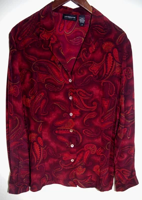 Blusa feminina J - Liz Claiborne 14 de seda borgonha e vermelha paisley camisa com botões - Imagem 1 de 4