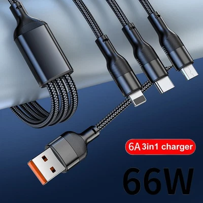 66W USB 3in1 Cable Charger Cord for iPhone 17 16 15 14 13 12 Samsung S25 S24 S23 - Image 1 of 4