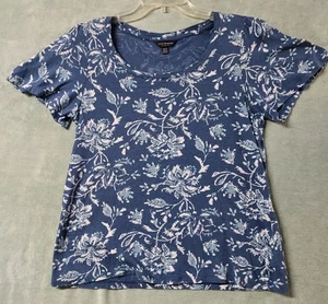 Lucky Brand Women's XS Blue with White Floral Print Boat-Neck Tee Shirt Top - Picture 1 of 11