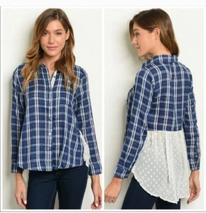 Crescent NWT Navy Blue White Checkered Plaid Long Sleeve Shirt Large High Low - Picture 1 of 7