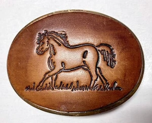 Leather Horse Inlay Metal Belt Buckle With Leather Top, Western Ranch Simple - Picture 1 of 10